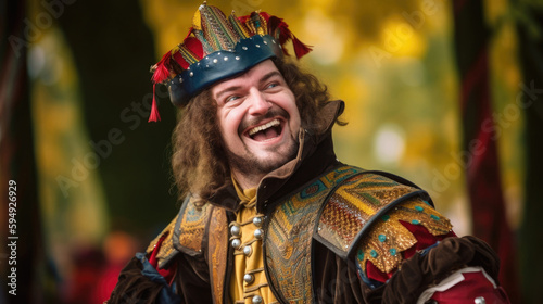 Young Handsome Man Dressed in Medieval Costume Garb Laughing and Smiling at Renaissance Fair, Generative AI © Ian