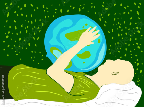 Sleep holding globe. Earth day celebration.