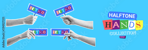 Collection of halftone hands. Vector illustration with hands with halftone effects for decoration of retro banners and vintage postres. Collection of collage elements. Hands hold cards.