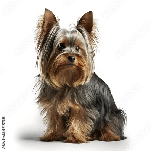 A Mature Yorkshire Terrier, White Background 01. AI generative.