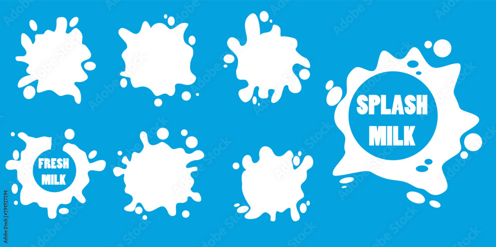 set of flat vector fresh milk, melted, splashes with drops, lumps, spots. Consuming liquid dessert, advertising product, splash design element for promo set of flat vector fresh milk, melted, splashes with drops, lumps, spots. Consuming liquid dessert, advertising product, splash design element for promo