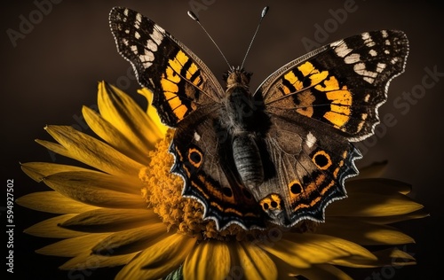 On a bright yellow blossom is a brown and black butterfly. Generative AI photo