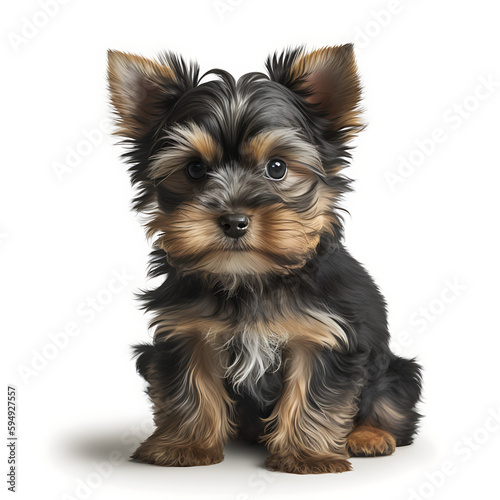 A Yorkshire Terrier Puppy, White Background 01. AI generative.