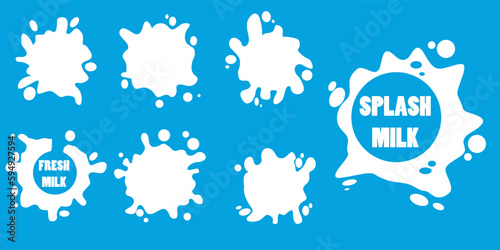 set of flat vector fresh milk, melted, splashes with drops, lumps, spots. Consuming liquid dessert, advertising product, splash design element for promo