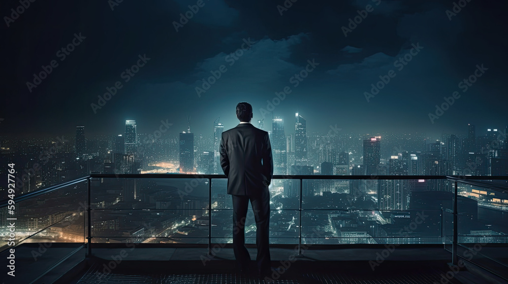 Businessman standing on balcony front view of city at night Business inspiration and vision Businessman standing on balcony front view of city at night Business inspiration and vision