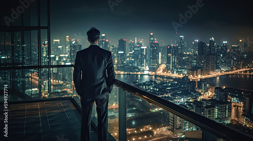 Businessman standing on balcony front view of city at night Business inspiration and vision