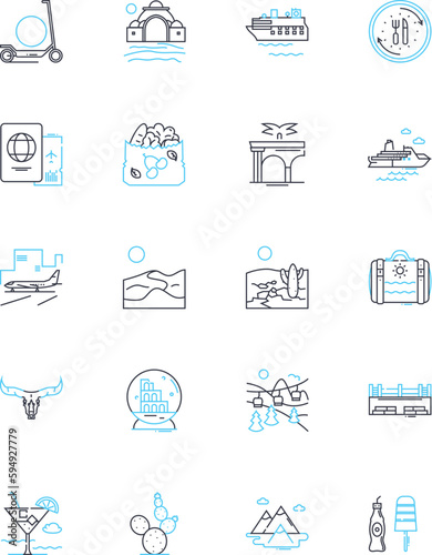 Island retreats linear icons set. Serenity, Seclusion, Paradise, Tranquility, Solitude, Relaxation, Escapism line vector and concept signs. Beaches,Tropic,Oasis outline illustrations