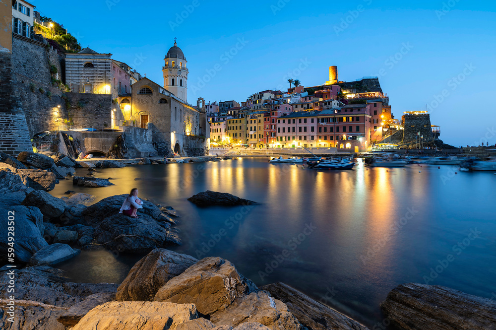 Vernazza at blue hour, seaside town of Cinque Terre in La Spezia, Italy