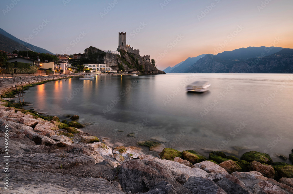 Italy, Lake Garda, Castle of Malcesine during sunset