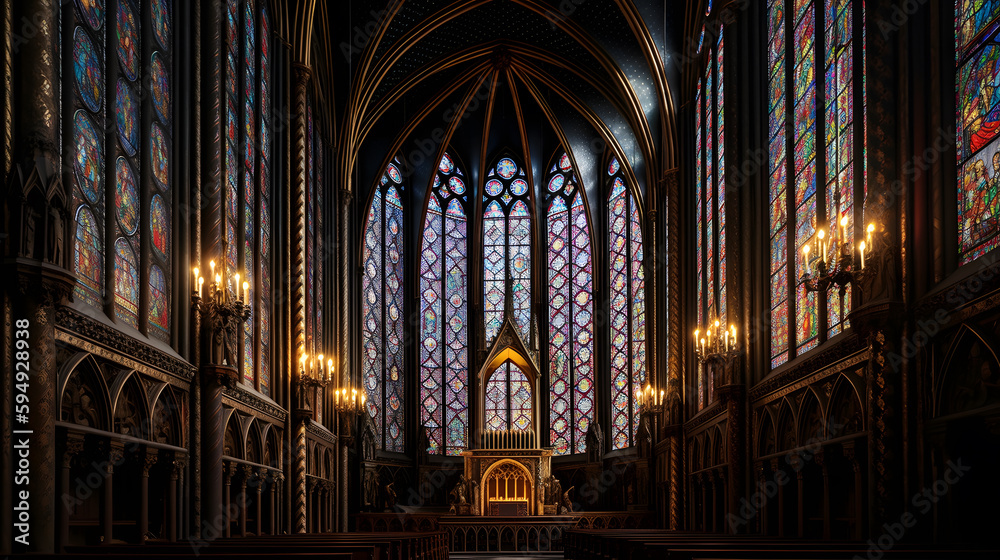 A mesmerizing capture of a cathedral's intricate architecture and stained glass windows
