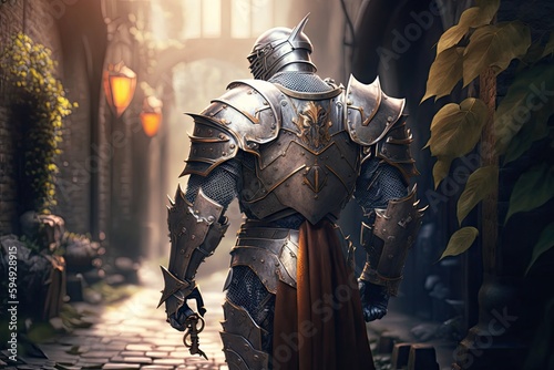 medieval fantasy walking knight in armor and., created with generative ai
