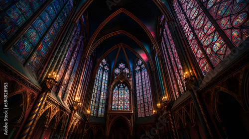 A mesmerizing capture of a cathedral's intricate architecture and stained glass windows
