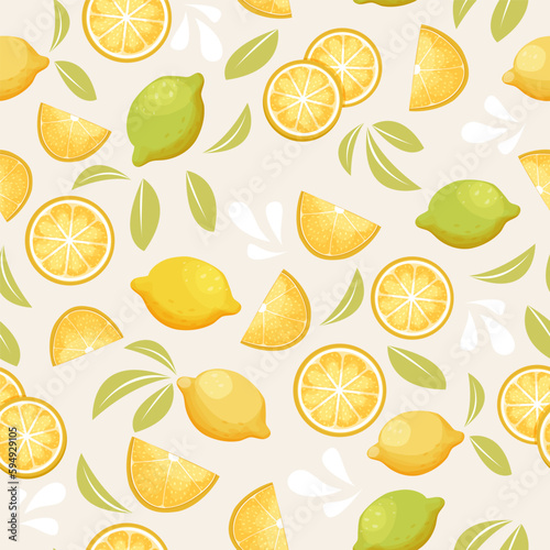 Lemon tropical citrus seamless pattern with leaves, slices in cartoon style. Abstract fresh bright fabrik.