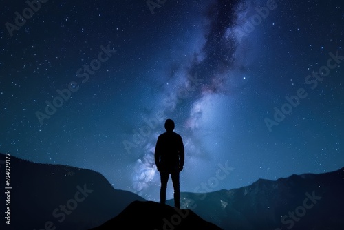 person, surrounded by dark blue backdrop, looking out at beautiful night sky with stars shining, created with generative ai © Natalia