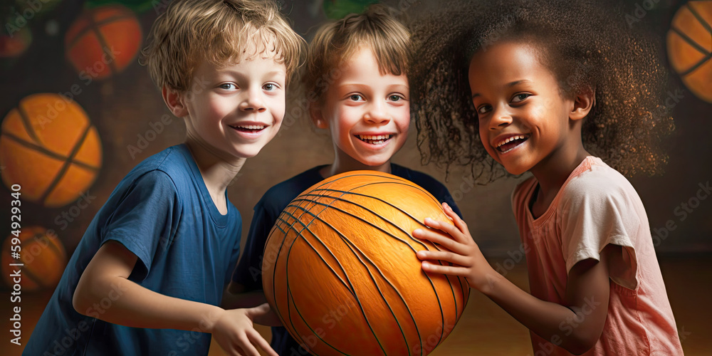 Three happy young children playing with a basket ball - Generative AI Three happy young children playing with a basket ball - Generative AI