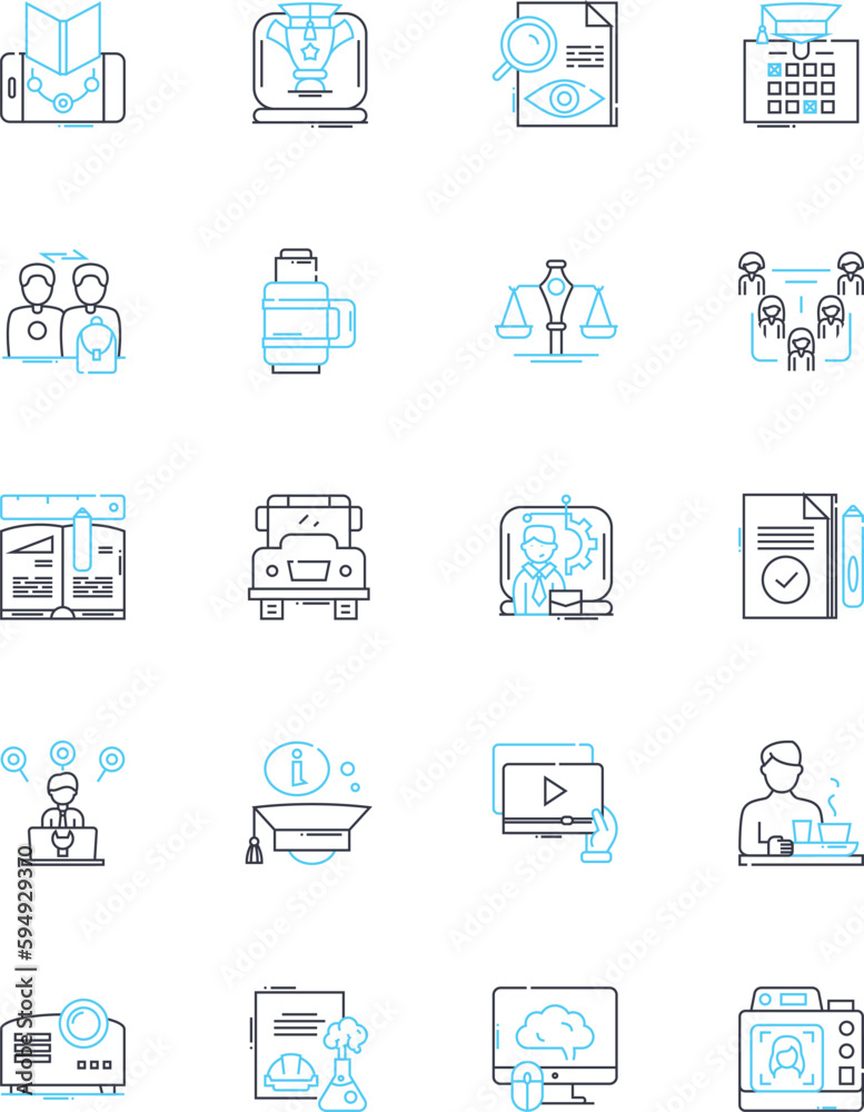 Learning linear icons set. Education, Knowledge, Study, Training, Understanding, Mastery, Expertise line vector and concept signs. Practice,Insight,Curiosity outline illustrations