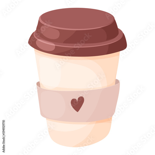 Coffee cup paper container take away with cute heart in cartoon style isolated on white background.
