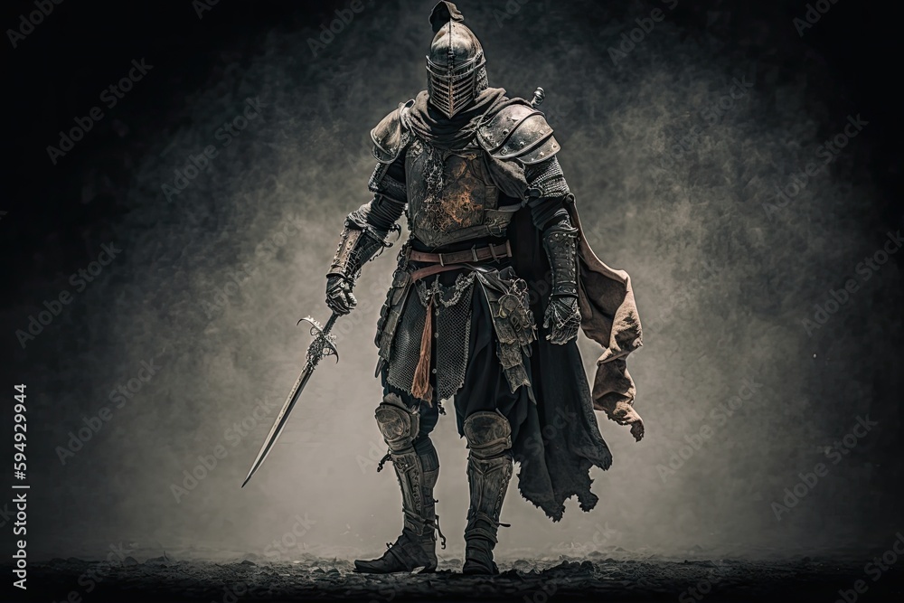 medieval warrior in armor walking with sword on gray background, created with generative ai