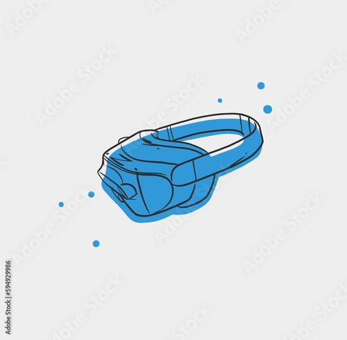 Hand drawn vector abstract graphic line art collection with virtual reality technology headset devise silhouette.Virtual reality gadget outline design line art illustration.Concept of virtual reality.