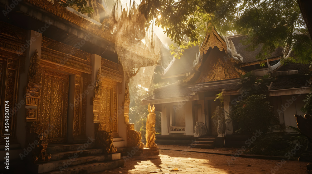 Obraz premium An awe-inspiring photo of a religious shrine illuminated by golden rays of sunlight