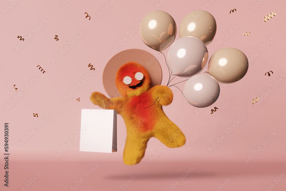 Naklejka premium Cute Yeti flies on balloons shopping bag 3d character pink background. Branding mockup shopper template Online shop discount promo banner Creative festive sale advertising design Holiday gift purchase
