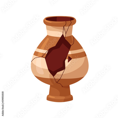 Broken antique pottery. Old cracked ceramics with clefts, fissures, holes. Da...