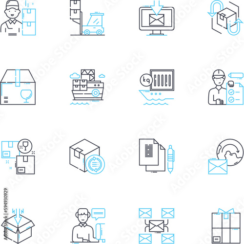 Postman linear icons set. Deliver, Courier, Parcel, Mail, Package, Carrier, Postal line vector and concept signs. Letter,Delivery,Messenger outline illustrations
