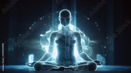 Human meditate in lotus pose with blue energy flow through his body. Transcendental yoga or prayer. Generative AI