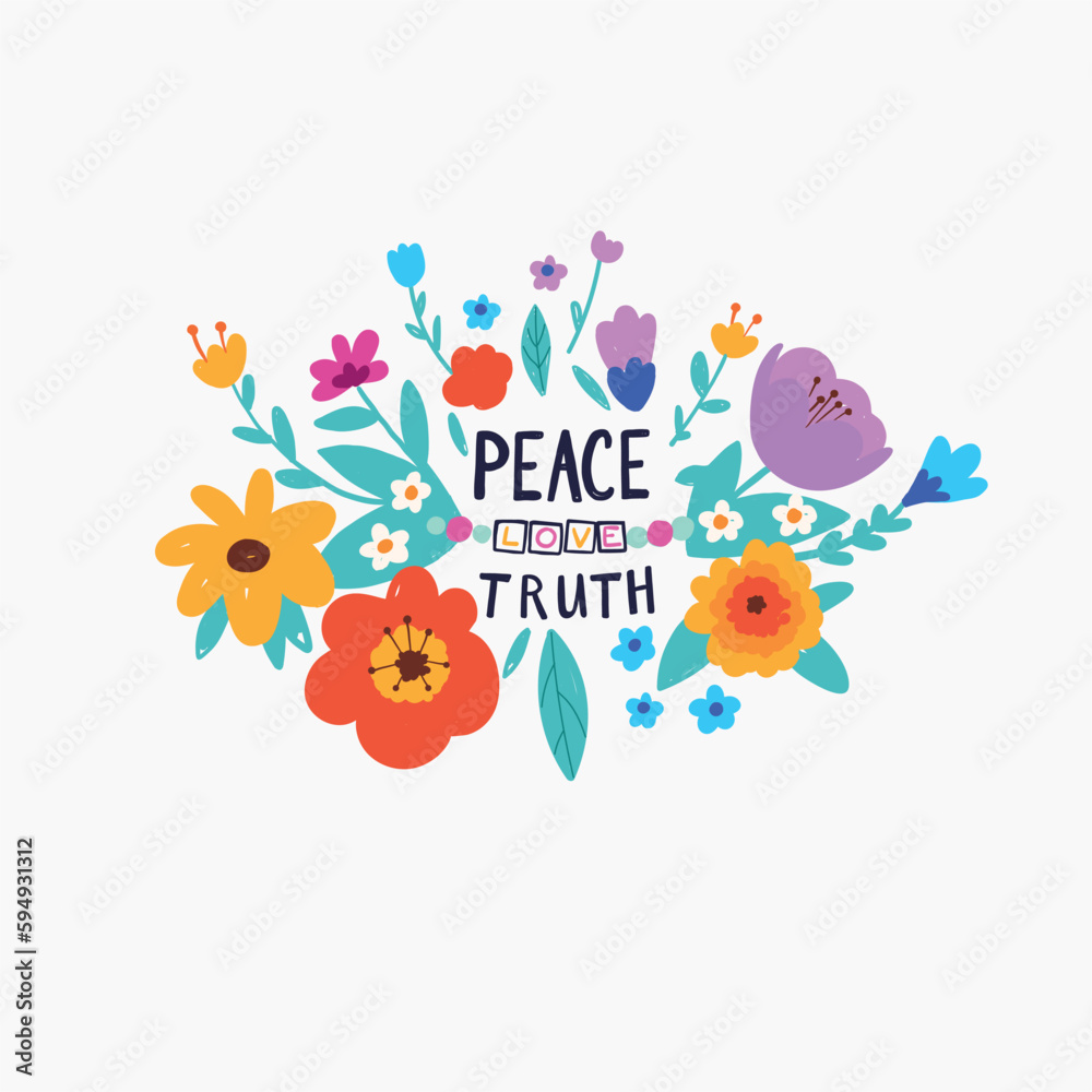Peace and Love lettering , hippie slogan in hand drawn flower frame Peace and Love lettering , hippie slogan in hand drawn flower frame