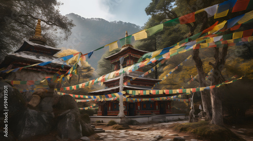 A peaceful image of a Buddhist temple surrounded by colorful prayer flags fluttering in the wind