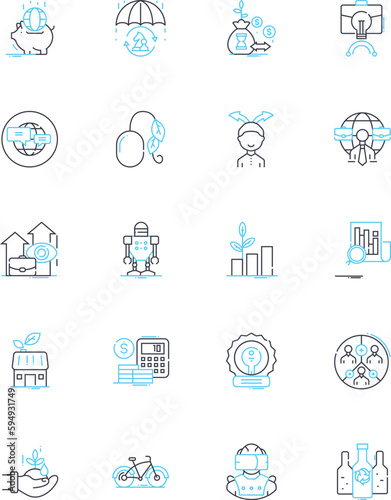 International trade linear icons set. Exchange, Import, Export, Tariffs, Customs, Supply chain, Free trade line vector and concept signs. Trade deficit,Trade surplus,Protectionism outline