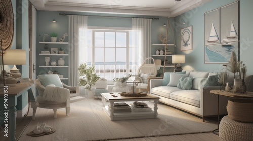 A serene and coastal living room with nautical, Generative AI