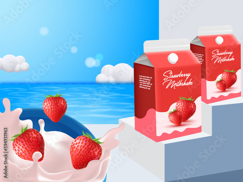 Realistic strawberry splash milk shake, strawberry yogurt, Summer delicious and fresh cool dessert product design. Vector Illustration.