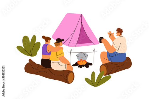 Friends relaxing, talking at bonfire, campfire at camping. Happy people campers speaking at fire, campsite, campground on summer vacation. Flat vector illustration isolated on white background