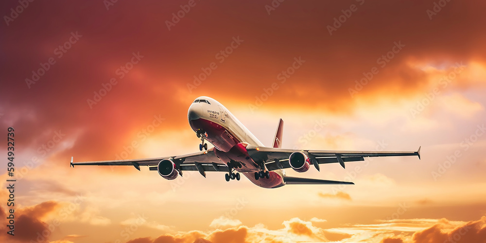 Passengers commercial airplane flying above clouds on sunset. Airliner in flight. Generative AI Passengers commercial airplane flying above clouds on sunset. Airliner in flight. Generative AI