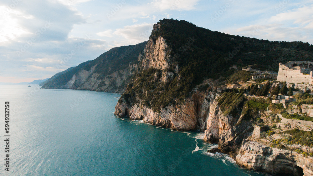 View of Portovenere Byron Cave by drone