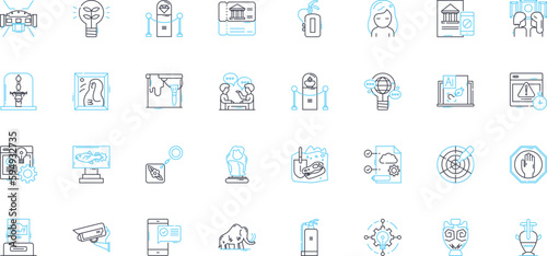 Exhibit linear icons set. Display, Showcase, Presentation, Exhibition, Show, Gallery, Art line vector and concept signs. Museum,Visual,Interactive outline illustrations