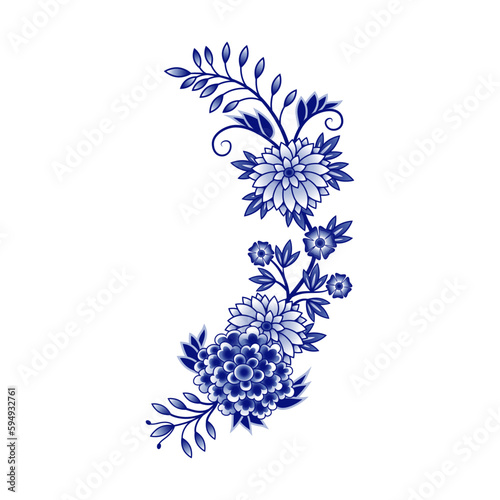 Blue and white bouquet of abstract flowers.  Design elements on a white background. Chinese style decoration. Floral vector template.