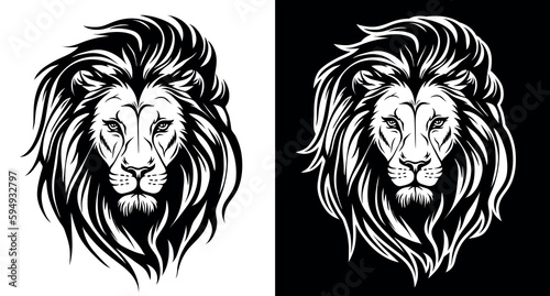 Lion head black and white line art vector illustration isolated on white and black background. Lion face with mane hair logo design.