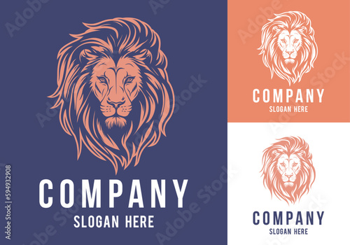Lion head logo template design line art vector illustration isolated on white and dark backgrounds. Lion face with mane hair brand identity logotype design.