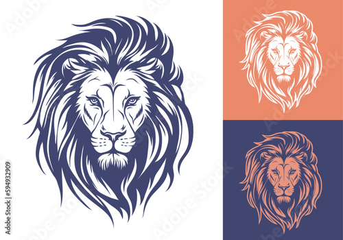 Lion face front view vector art image business company logo template, brand identity logotype on white and dark backgrounds.