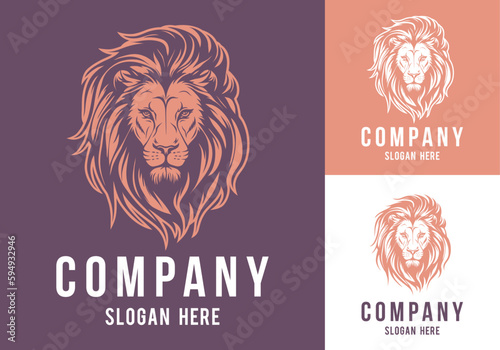 Lion head vector line art illustration isolated on dark and white background. Lion face and mane business logo design template.