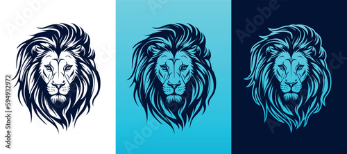 Lion face front view vector art image business company logo template, brand identity logotype on white and dark backgrounds.