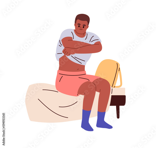 Black person undressing, taking off clothes, t-shirt. Young man unclothing, putting off tshirt with hands, sitting on bed at home in evening. Flat vector illustration isolated on white background