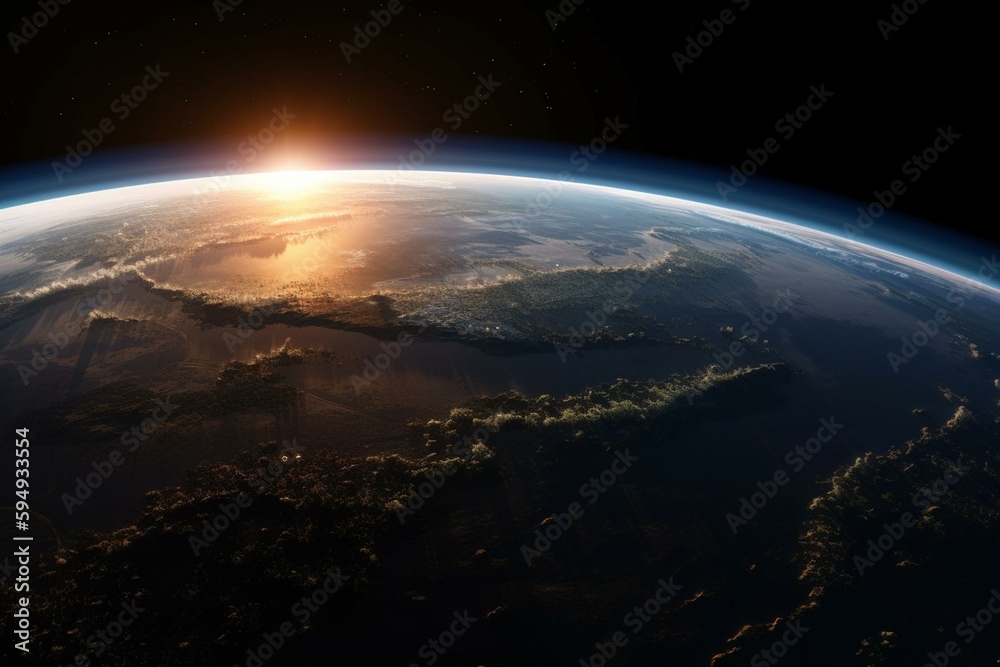 Satellite View Of Planet At Sunrise. Generative AI