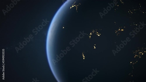 Global blackout on planet earth seen from space. The city lights are dimming. The continents are left in total darkness, power outage. Energy crisis,economic recession concept. Power grid turned off.