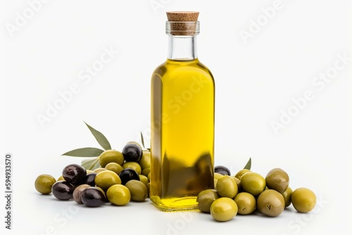 Bottle of oil with olives, transparent background, png. Generative AI