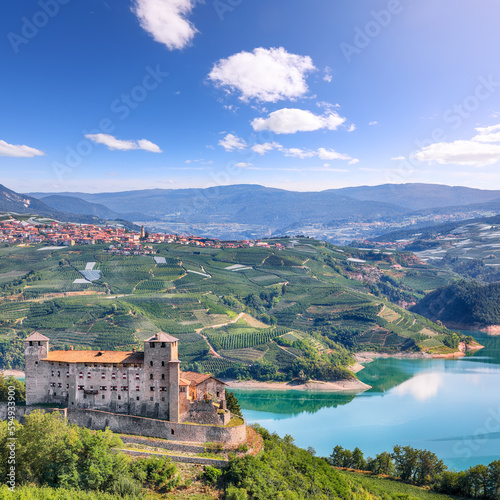 Fabulous View of the Cles Castel, the Santa Giustina Lake and lots of apple plantations.