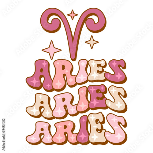 Aries zodiac sign. Retro wavy text horoscope design.