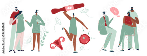 The set with gynecology consultation of planning a baby. Illustration with couple, pregnancy positive test, egg cell, sperm cell good for poster medical clinic.